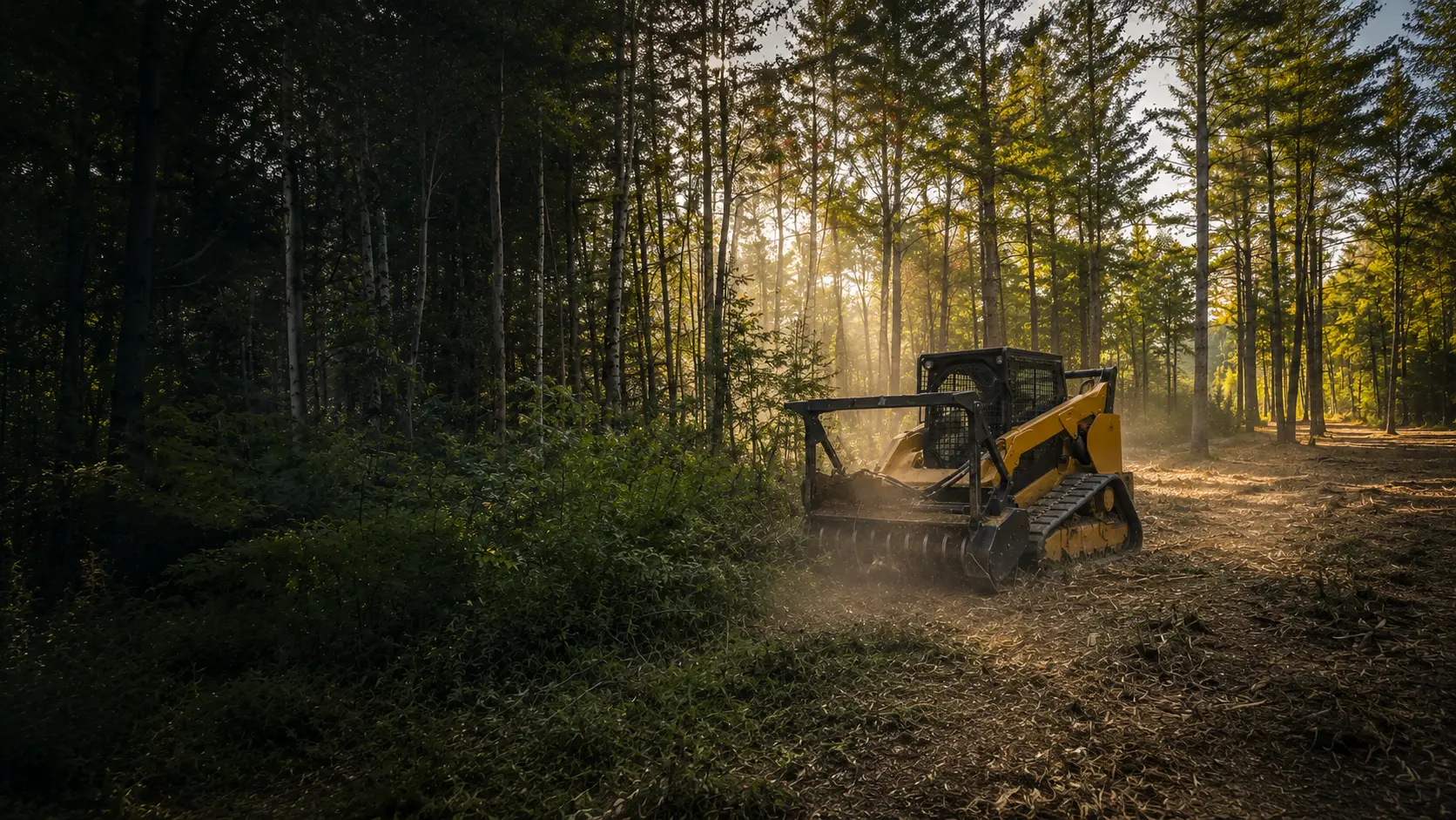 Forestry mulching equipment clearing understory in a Maine forest at golden hour