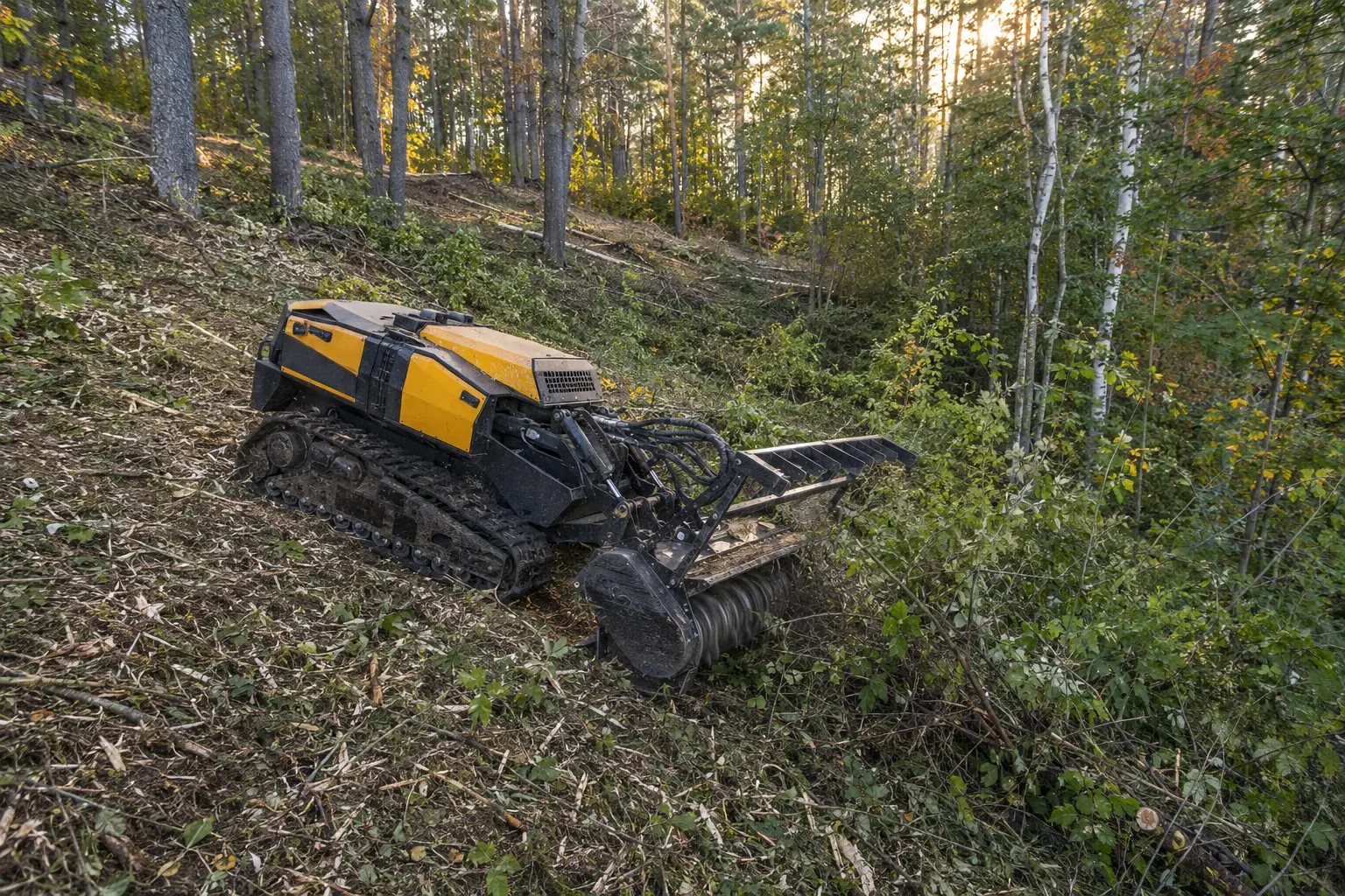Remote-controlled forestry mulcher clearing steep hillside in Southern Maine